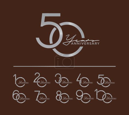 Illustration for Set of anniversary with calligraphy silver color on brown background for special moment - Royalty Free Image