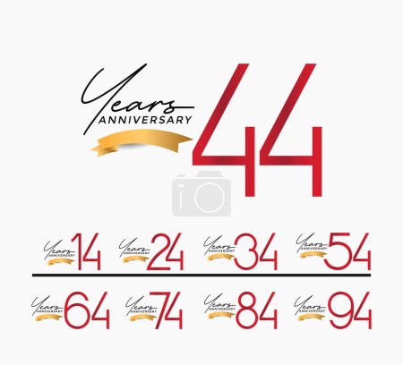 set of anniversary red color on white background with gold ribbon for celebration moment