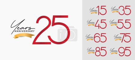 set of anniversary red color on white background with gold ribbon for celebration moment