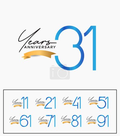 set of anniversary blue color on white background with gold ribbon for celebration moment