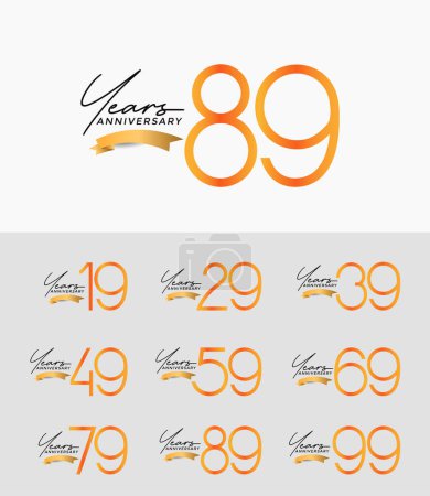 set of anniversary orange color on white background with gold ribbon for celebration moment