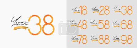 Illustration for Set of anniversary orange color on white background with gold ribbon for celebration moment - Royalty Free Image