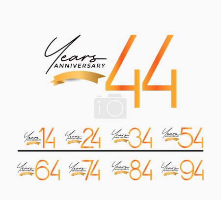 Illustration for Set of anniversary orange color on white background with gold ribbon for celebration moment - Royalty Free Image