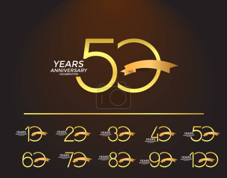 Illustration for Set of anniversary logotype golden color with golden ribbon on brown background for celebration - Royalty Free Image