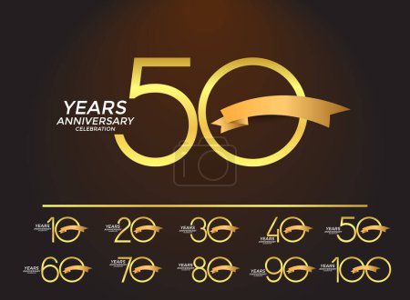 Téléchargez les illustrations : Ensemble de logotype anniversaire couleur dorée avec ruban doré sur fond brun pour la célébration - en licence libre de droit