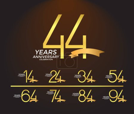 conjunto de logotipo aniversario color dorado con cinta dorada sobre fondo marrón para la celebración