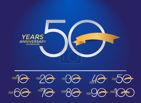 Ilustración de Conjunto de logotipo aniversario color plata con cinta dorada sobre fondo azul para la celebración - Imagen libre de derechos