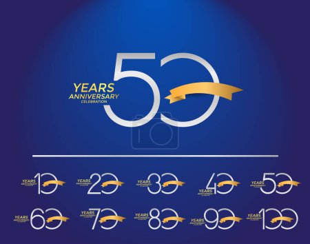 Téléchargez les illustrations : Ensemble de logotype anniversaire couleur argent avec ruban doré sur fond bleu pour la célébration - en licence libre de droit