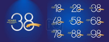 Illustration for Set of anniversary logotype silver color with golden ribbon on blue background for celebration - Royalty Free Image