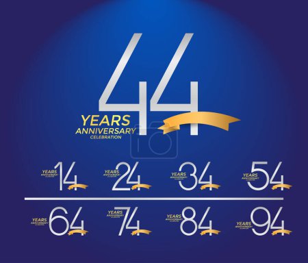 Set Jubiläums-Logo silberfarben mit goldenem Band auf blauem Hintergrund zur Feier