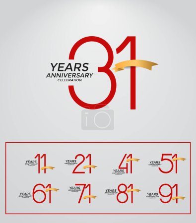 set of anniversary logotype red color with golden ribbon on white background for celebration
