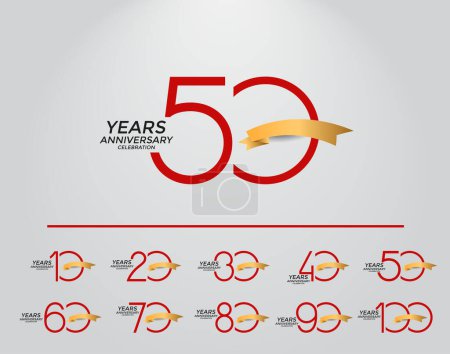 Téléchargez les illustrations : Ensemble de logotype anniversaire couleur rouge avec ruban doré sur fond blanc pour la célébration - en licence libre de droit