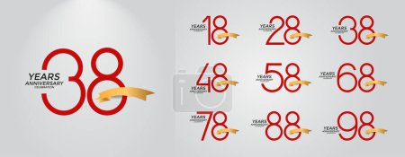 set of anniversary logotype red color with golden ribbon on white background for celebration