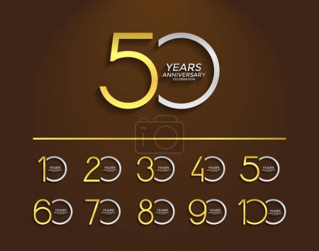 Illustration for Set anniversary logotype with silver and golden color on brown background for great event - Royalty Free Image