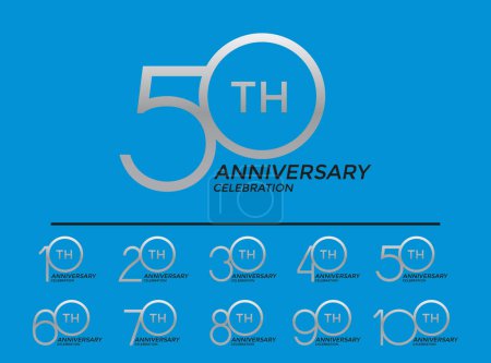 Téléchargez les illustrations : Ensemble de logotype anniversaire couleur argent édition spéciale sur fond bleu pour la célébration - en licence libre de droit