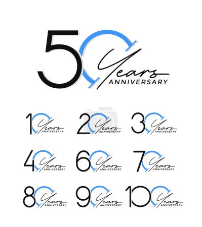 Ilustración de Conjunto de aniversario logotipo estilo negro y azul sobre fondo blanco para una celebración especial - Imagen libre de derechos