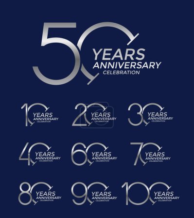 Téléchargez les illustrations : Ensemble de logo anniversaire de style couleur argent sur fond bleu pour l'événement de célébration - en licence libre de droit