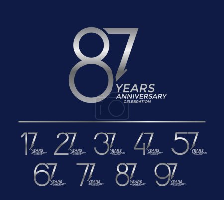 Illustration for Set of anniversary logo style silver color on blue background for celebration event - Royalty Free Image