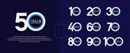 Téléchargez les illustrations : Ensemble de logo anniversaire couleur colorée sur fond bleu pour le moment de célébration - en licence libre de droit