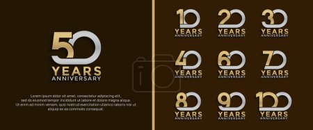 Téléchargez les illustrations : Ensemble de logotype anniversaire couleur argent et or sur fond brun pour le moment de célébration - en licence libre de droit