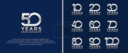 Téléchargez les illustrations : Ensemble de logotype anniversaire couleur argent sur fond bleu pour le moment de célébration - en licence libre de droit