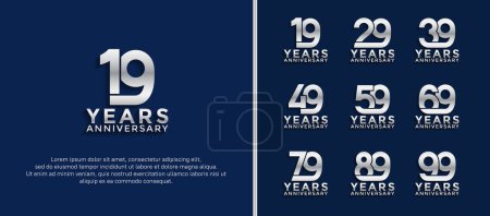 conjunto de logotipo aniversario color plata sobre fondo azul para momento de celebración