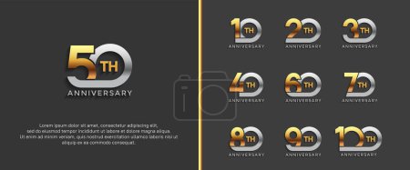 Téléchargez les illustrations : Ensemble de logotype anniversaire couleur argent et or sur fond noir pour le moment de célébration - en licence libre de droit