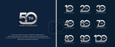 Téléchargez les illustrations : Ensemble de logotype anniversaire couleur argent sur fond bleu foncé pour le moment de célébration - en licence libre de droit