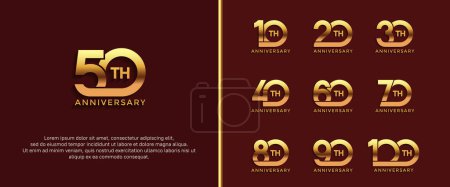Illustration for Set of anniversary logotype golden color on dark red background for celebration moment - Royalty Free Image