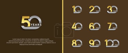 Illustration for Set of anniversary logotype gold and silver color on dark brown background for celebration moment - Royalty Free Image