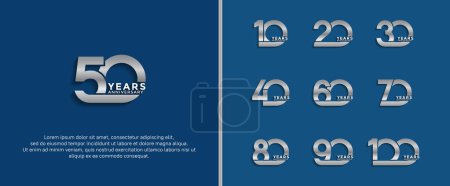 Téléchargez les illustrations : Ensemble de logotype anniversaire couleur argent sur fond bleu pour le moment de célébration - en licence libre de droit
