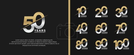 Téléchargez les illustrations : Ensemble de logotype anniversaire couleur or et argent sur fond noir pour le moment de célébration - en licence libre de droit