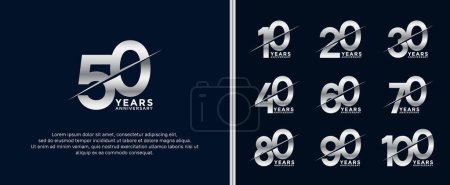 Téléchargez les illustrations : Ensemble de logotype anniversaire couleur argent sur fond bleu foncé pour le moment de célébration - en licence libre de droit