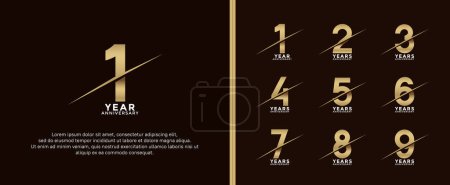 Ilustración de Conjunto de logotipo aniversario color dorado sobre fondo marrón oscuro para momento de celebración - Imagen libre de derechos