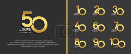 Téléchargez les illustrations : Ensemble de logo anniversaire couleur dorée sur fond noir pour le moment de célébration - en licence libre de droit