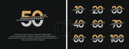 Téléchargez les illustrations : Ensemble de logo anniversaire couleur or et argent sur fond noir pour le moment de célébration - en licence libre de droit