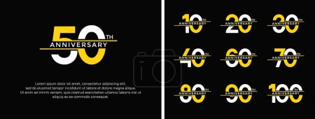 Téléchargez les illustrations : Ensemble de logo anniversaire couleur blanche et jaune sur fond noir pour le moment de célébration - en licence libre de droit