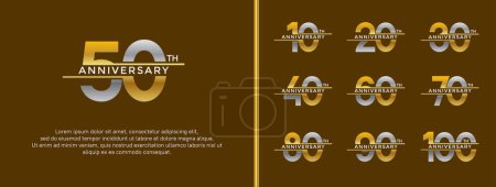 Téléchargez les illustrations : Ensemble de logo anniversaire couleur or et argent sur fond marron pour le moment de célébration - en licence libre de droit