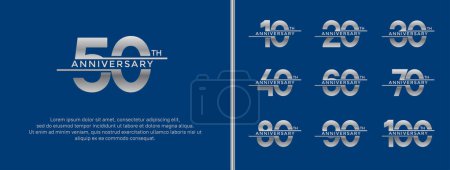 Téléchargez les illustrations : Ensemble de logo anniversaire couleur argent sur fond bleu pour le moment de célébration - en licence libre de droit