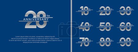 conjunto de logotipo de aniversario color plata sobre fondo azul para momento de celebración