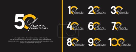 Téléchargez les illustrations : Ensemble de logo anniversaire couleur blanche et jaune sur fond noir pour le moment de célébration - en licence libre de droit