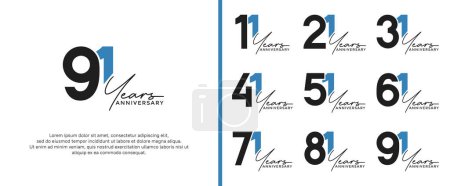 Ilustración de Conjunto de logotipo de aniversario de color negro y azul sobre fondo blanco para momento de celebración - Imagen libre de derechos