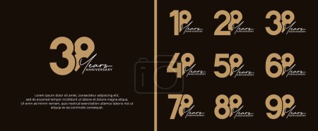Ilustración de Conjunto de logotipo aniversario de color dorado plano sobre fondo negro para momento de celebración - Imagen libre de derechos