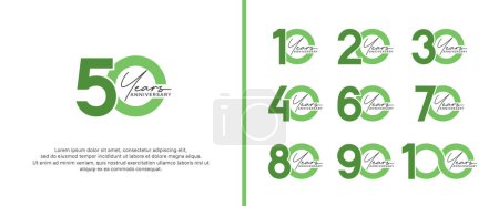 Téléchargez les illustrations : Ensemble de logo anniversaire couleur verte plate sur fond blanc pour le moment de célébration - en licence libre de droit