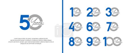Ilustración de Conjunto de logotipo aniversario plana gris y azul sobre fondo blanco para momento de celebración - Imagen libre de derechos