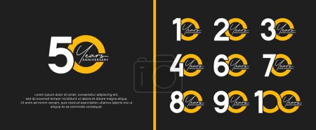 Ilustración de Conjunto de logotipo aniversario plana de color blanco y amarillo sobre fondo negro para momento de celebración - Imagen libre de derechos