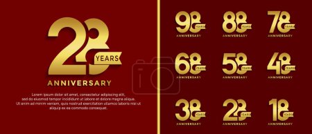 Illustration for Set of anniversary logo style golden color on red background for special moment - Royalty Free Image