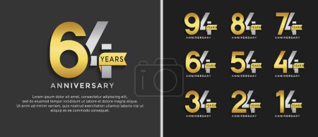 Illustration for Set of anniversary logo style silver and golden color on black background for special moment - Royalty Free Image