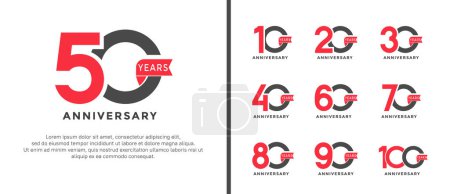 Ilustración de Conjunto de logotipo aniversario estilo rojo y negro color con cinta roja para la celebración - Imagen libre de derechos