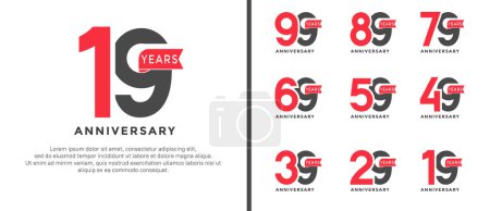 conjunto de logotipo aniversario estilo rojo y negro color con cinta roja para la celebración